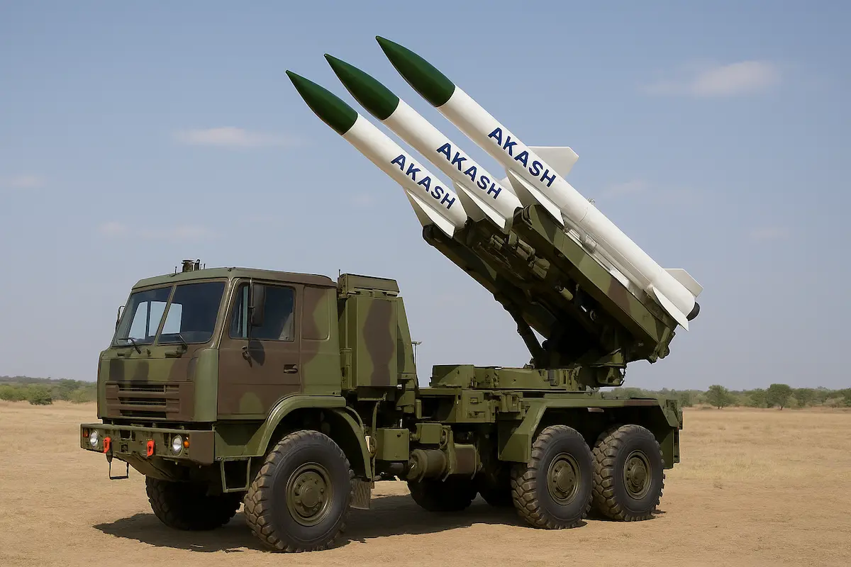 Akash missile system launcher with three missiles